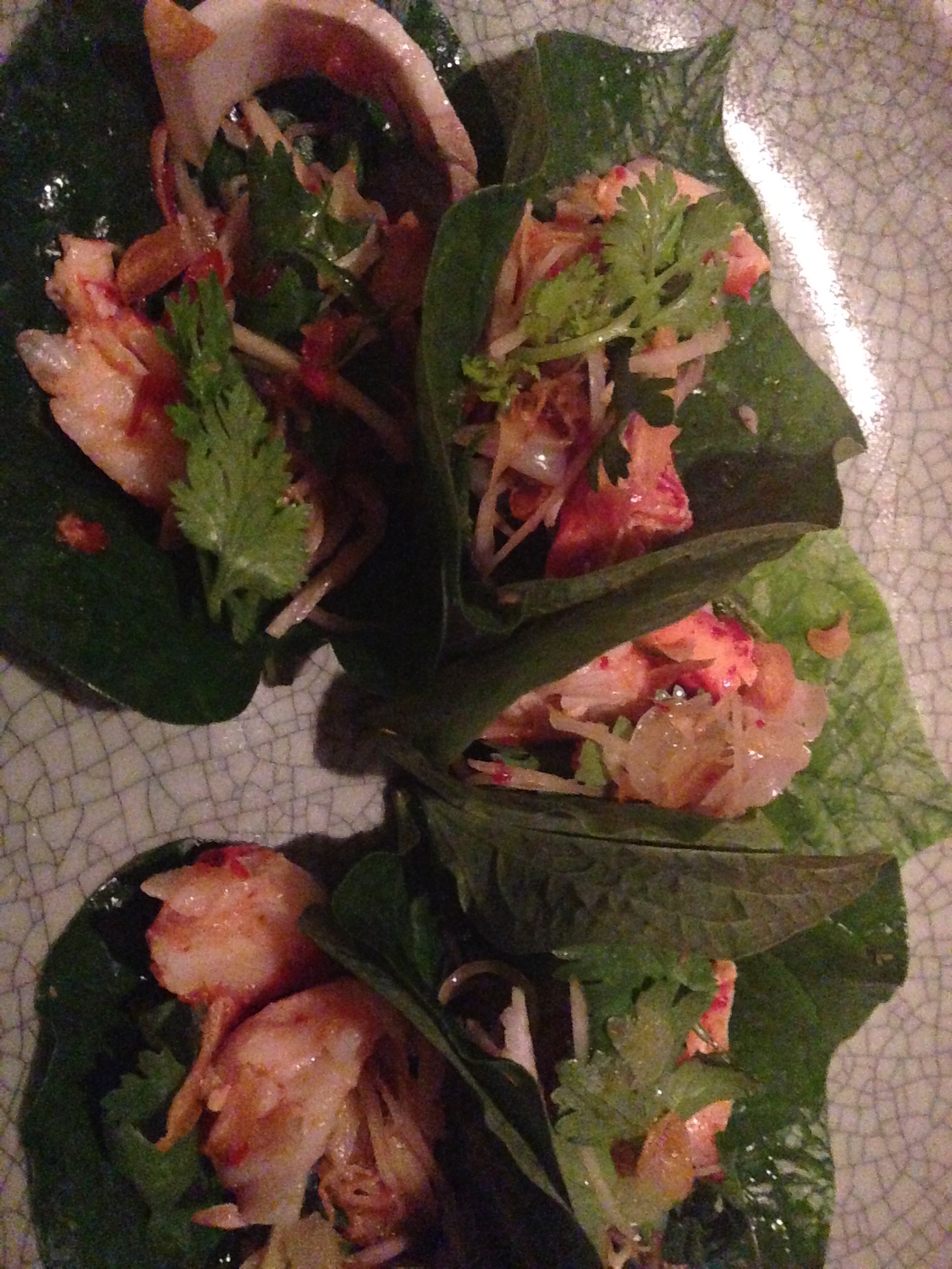 canape of pork and lobster with shredded ginger